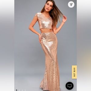 Now and Forever Rose Gold Sequin Two-Piece Maxi Dress